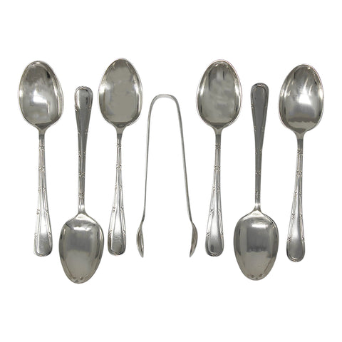 1912 Antique Victorian Era Set Six Sterling Silver Tea Spoons and Sugar Tongs Silversmith James Deakin & Sons (John & William F Deakin) Sheffield Hallmarks