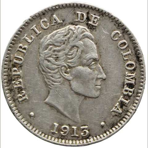 1913 10 Centavos Colombia Silver Coin Simon Bolivar