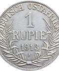 1913 A One Rupie German East Africa Wilhelm II Coin Silver Berlin Mintmark