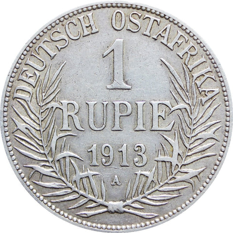 1913 A One Rupie German East Africa Wilhelm II Coin Silver Berlin Mintmark