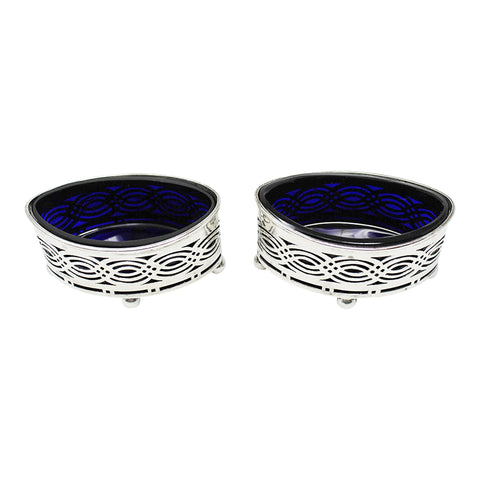 1913 Antique George V Era Pair Sterling Silver Salt Cellars with pierced sides Silversmith William Aitken Birmingham Hallmarks