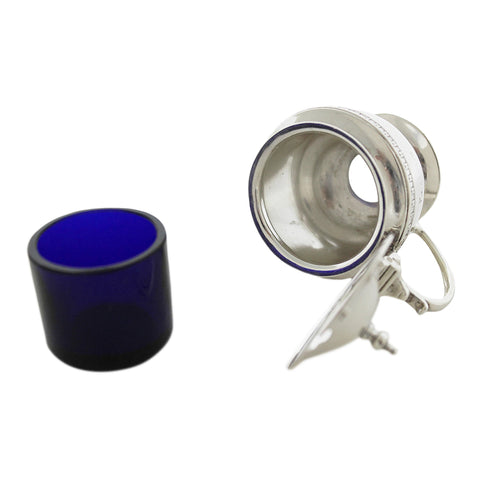1913 Antique George V Era Sterling Silver Mustard Pot with Blue Glass Liner Silversmiths Vale Brothers & Sermon Birmingham Hallmarks