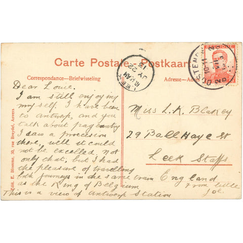 1913 Antwerp, Belgium – Central Station and Keyserlei Avenue – Postcard