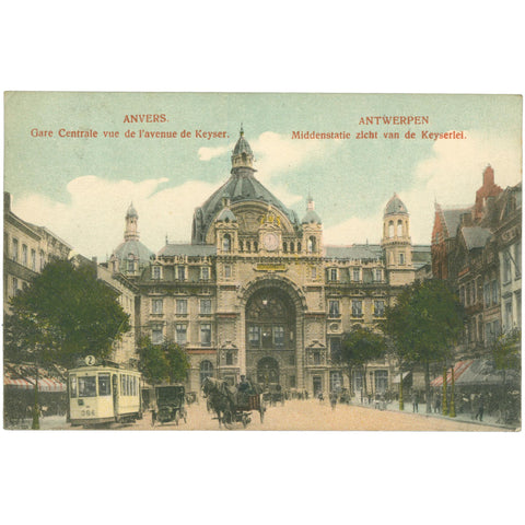 1913 Antwerp, Belgium – Central Station and Keyserlei Avenue – Postcard