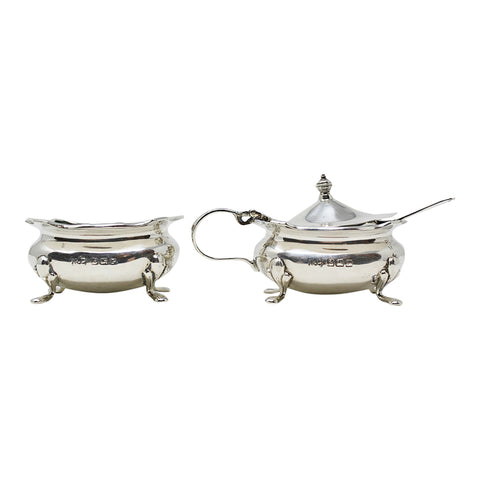 1914 Antique George V Era Sterling Silver Mustard Pot with Spoon and Salt Cellar Silversmith Robert Pringle & Sons Birmingham Hallmarks