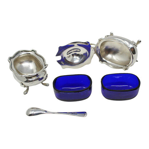 1914 Antique George V Era Sterling Silver Mustard Pot with Spoon and Salt Cellar Silversmith Robert Pringle & Sons Birmingham Hallmarks