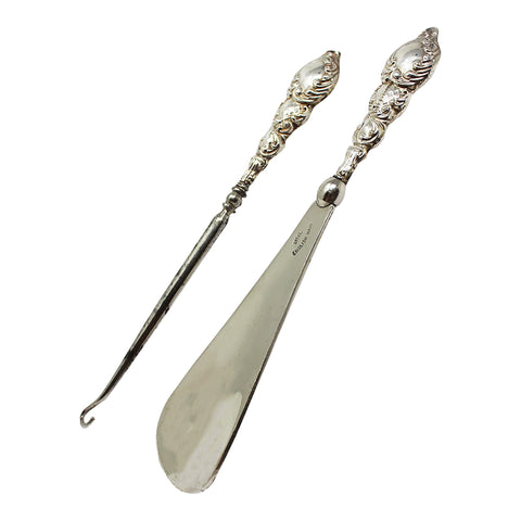 1915 Antique George V Era Sterling Silver Handles Shoe horn and Button hook with original Case Silversmith G & C Ltd Birmingham Hallmarks