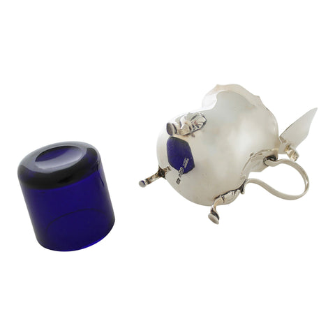 1915 Antique George V Era Sterling Silver Mustard Pot with Blue Glass Liner Silversmiths William Tyler & Sons Sheffield Hallmarks