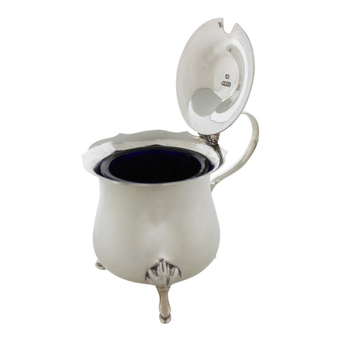 1915 Antique George V Era Sterling Silver Mustard Pot with Blue Glass Liner Silversmiths William Tyler & Sons Sheffield Hallmarks