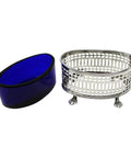 1915 Antique Sterling Silver Pierced Side Open Salt with Blue Glass Liner Bracher & Sydenham Birmingham Hallmarks