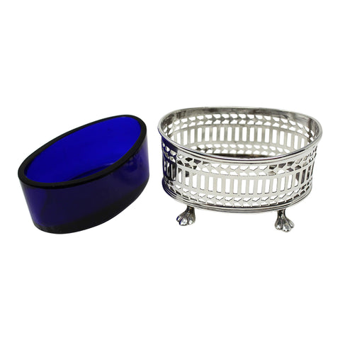 1915 Antique Sterling Silver Pierced Side Open Salt with Blue Glass Liner Bracher & Sydenham Birmingham Hallmarks