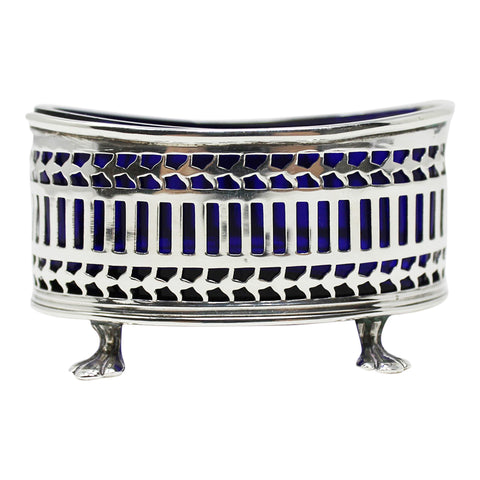 1915 Antique Sterling Silver Pierced Side Open Salt with Blue Glass Liner Bracher & Sydenham Birmingham Hallmarks