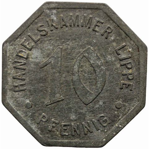 1917 10 Pfennig German Coin Lippe Handelskammer, Free State Notgeld