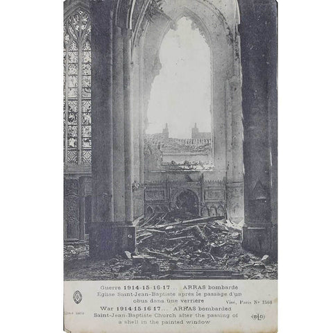 1917s Word War I France Arras bombarded St. Jean - Baptiste Church Postcard