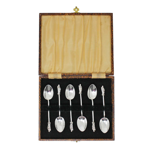 1918 Antique George V Era Apostle Set Six Sterling Silver Tea Spoons with original Case Silversmith Charles William Fletcher Sheffield Hallmarks