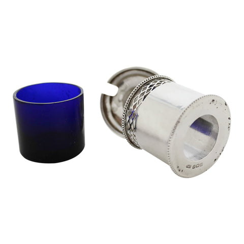 1918 Antique George V Era Sterling Silver Mustard Pot with Blue Glass Liner Silversmiths Levi & Salaman Birmingham Hallmarks