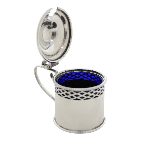 1918 Antique George V Era Sterling Silver Mustard Pot with Blue Glass Liner Silversmiths Levi & Salaman Birmingham Hallmarks