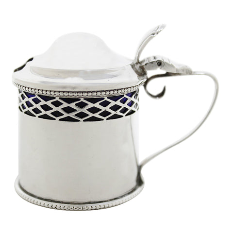 1918 Antique George V Era Sterling Silver Mustard Pot with Blue Glass Liner Silversmiths Levi & Salaman Birmingham Hallmarks