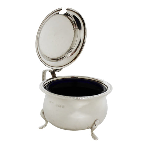 1919 Antique George V Era Sterling Silver Mustard Pot with Blue Glass Liner Silversmiths Oldfield Ltd Birmingham Hallmarks