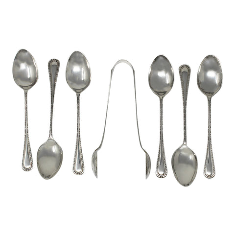 1920 Antique George V Era Set Six Sterling Silver Tea Spoons and Sugar Tongs with Box Silversmith A J Bailey Birmingham Hallmarks