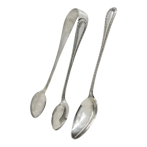 1920 Antique George V Era Set Six Sterling Silver Tea Spoons and Sugar Tongs with Box Silversmith A J Bailey Birmingham Hallmarks