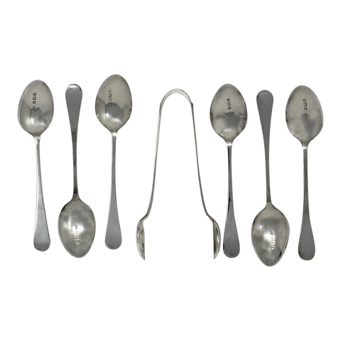 1920 Antique George V Era Set Six Sterling Silver Tea Spoons and Sugar Tongs with Box Silversmith A J Bailey Birmingham Hallmarks