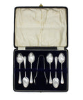 1920 Antique George V Era Set Six Sterling Silver Tea Spoons and Sugar Tongs with Box Silversmith A J Bailey Birmingham Hallmarks