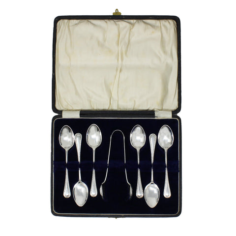 1920 Antique George V Era Set Six Sterling Silver Tea Spoons and Sugar Tongs with Box Silversmith A J Bailey Birmingham Hallmarks