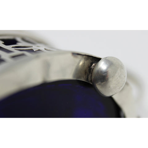 1920 Antique George V Era Sterling Silver Pierced Mustard Pot and Pepper / Salt Shaker with Blue Glass Liners Silversmiths Gorham Manufacturing Co Birmingham Hallmarks