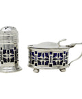 1920 Antique George V Era Sterling Silver Pierced Mustard Pot and Pepper / Salt Shaker with Blue Glass Liners Silversmiths Gorham Manufacturing Co Birmingham Hallmarks