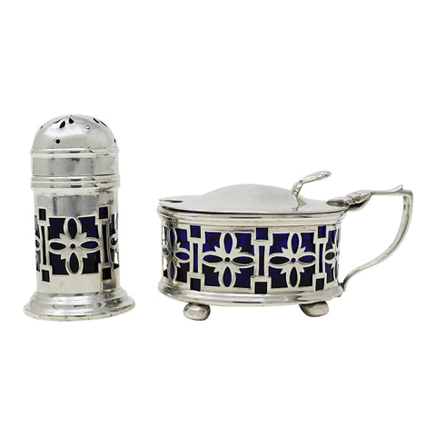 1920 Antique George V Era Sterling Silver Pierced Mustard Pot and Pepper / Salt Shaker with Blue Glass Liners Silversmiths Gorham Manufacturing Co Birmingham Hallmarks