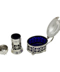 1920 Antique George V Era Sterling Silver Pierced Mustard Pot and Pepper / Salt Shaker with Blue Glass Liners Silversmiths Gorham Manufacturing Co Birmingham Hallmarks
