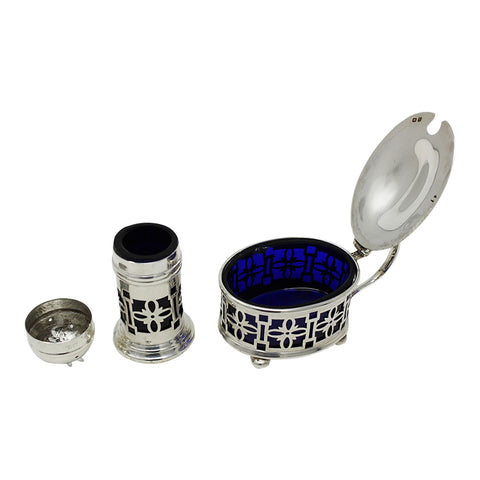 1920 Antique George V Era Sterling Silver Pierced Mustard Pot and Pepper / Salt Shaker with Blue Glass Liners Silversmiths Gorham Manufacturing Co Birmingham Hallmarks