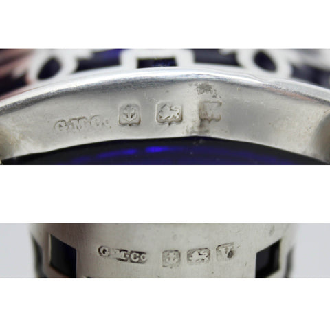 1920 Antique George V Era Sterling Silver Pierced Mustard Pot and Pepper / Salt Shaker with Blue Glass Liners Silversmiths Gorham Manufacturing Co Birmingham Hallmarks