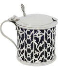 1920 Antique George V Era Sterling Silver Pierced Mustard Pot with Blue Glass Liner Silversmiths E S Barnsley & Co (Edward Souter Barnsley) Birmingham Hallmarks
