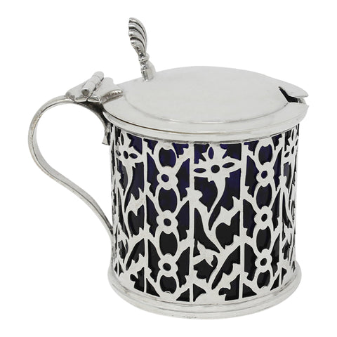 1920 Antique George V Era Sterling Silver Pierced Mustard Pot with Blue Glass Liner Silversmiths E S Barnsley & Co (Edward Souter Barnsley) Birmingham Hallmarks
