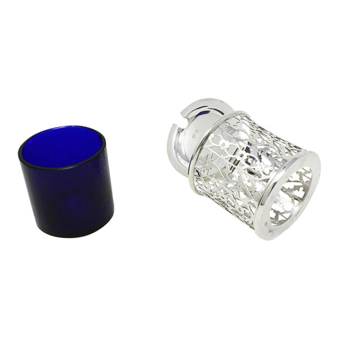 1920 Antique George V Era Sterling Silver Pierced Mustard Pot with Blue Glass Liner Silversmiths E S Barnsley & Co (Edward Souter Barnsley) Birmingham Hallmarks