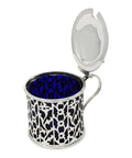 1920 Antique George V Era Sterling Silver Pierced Mustard Pot with Blue Glass Liner Silversmiths E S Barnsley & Co (Edward Souter Barnsley) Birmingham Hallmarks