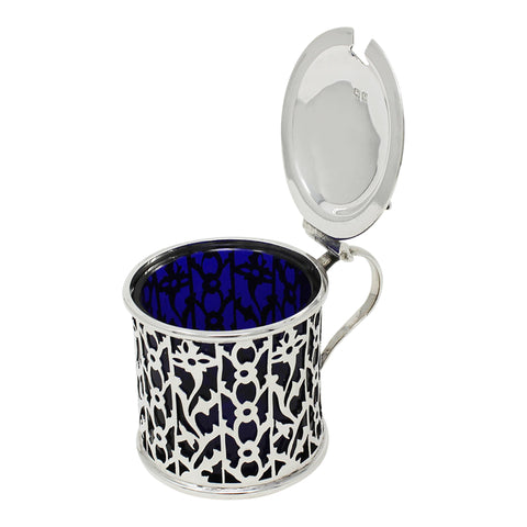 1920 Antique George V Era Sterling Silver Pierced Mustard Pot with Blue Glass Liner Silversmiths E S Barnsley & Co (Edward Souter Barnsley) Birmingham Hallmarks