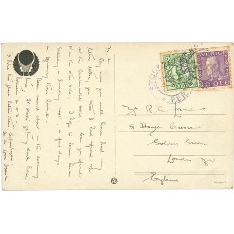 1921 20 Öre Stamp Stockholm, Sweden – Stockholm från aeroplan – Postcard