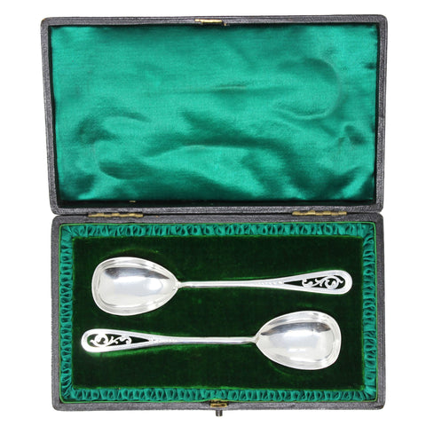1921 Antique George V Era Sterling Silver Two Spoons with original Case Silversmith Lee & Wigfull (Henry Wigfull) Sheffield Hallmarks