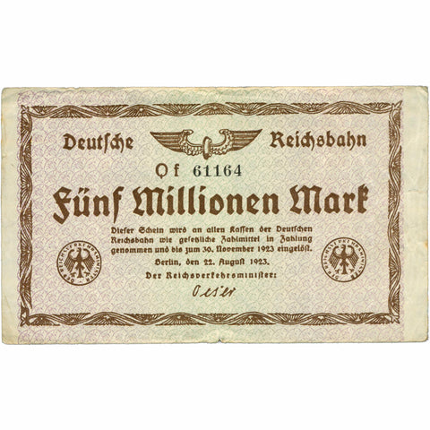 1923 5 Million Mark Banknote Germany Weimar Republic