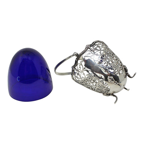 1928 George V Era Sterling Silver Pierced Sugar Basket with Blue Glass Liner Silversmith Barker Brothers Silver Ltd Birmingham Hallmarks