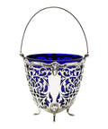 1928 George V Era Sterling Silver Pierced Sugar Basket with Blue Glass Liner Silversmith Barker Brothers Silver Ltd Birmingham Hallmarks