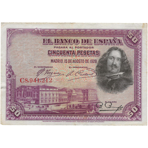 1928 50 Pesetas Spain Banknote Portrait of Diego Velázquez