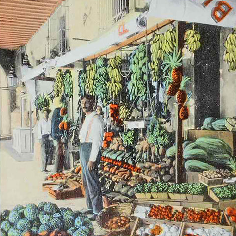 1930s Havana, Fruit stand Postcard. Habana, puesto de frutas