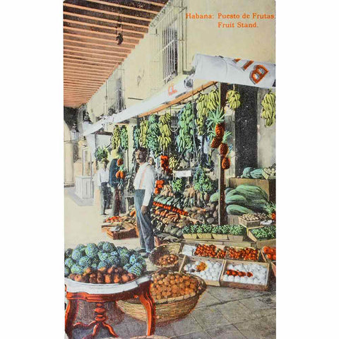 1930s Havana, Fruit stand Postcard. Habana, puesto de frutas