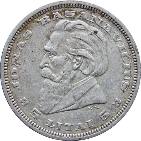 1936 Lithuania 5 Litai Silver Coin Jonas Basanavičius