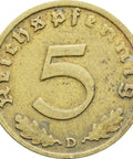 1938 D Germany 5 Reichspfennig Coin
