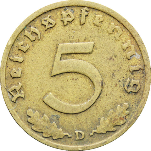 1938 D Germany 5 Reichspfennig Coin